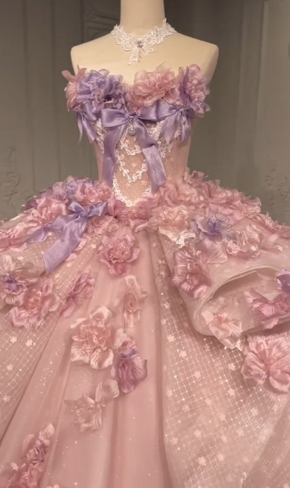 Fairy Pink Quinceanera Dress Tulle Ball Gown Applique Sweet 16 Dress ED08811