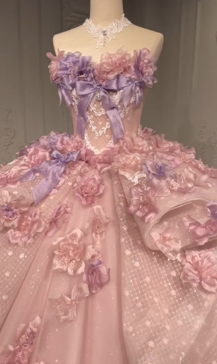 Robe de Quinceanera Rose Pastel en Tulle, Robe de Bal Appliquée Douce 16 Ans ED08811