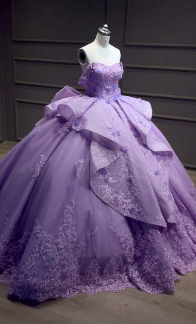 Robe de quinceañera violette féerique en tulle, style robe de bal, avec appliqués, pour Sweet 16, modèle ED08812