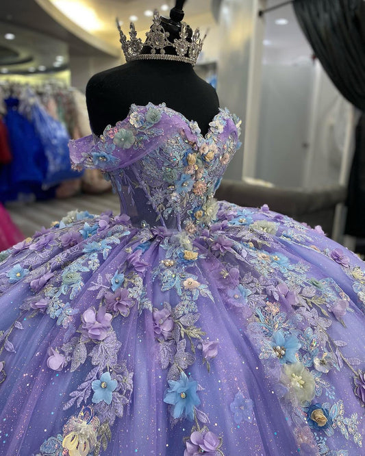 Robe de Quinceañera féérique violette en tulle, robe de bal avec appliques, robe de Sweet 16 ED08813