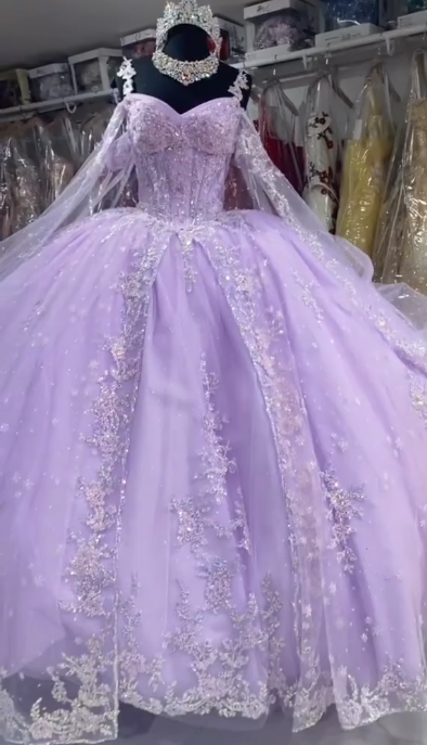 Fairy Purple Quinceanera Dress Tulle Off-shoulder Ball Gown Applique Sweet 16 Dress ED08815