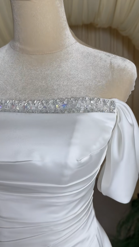 Modest White A-Line Wedding Dress Off-shoulder Bridal Gown Satin Bridal Dress ED08816