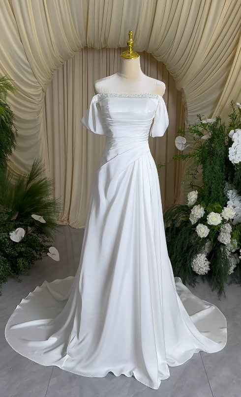 Modest White A-Line Wedding Dress Off-shoulder Bridal Gown Satin Bridal Dress ED08816