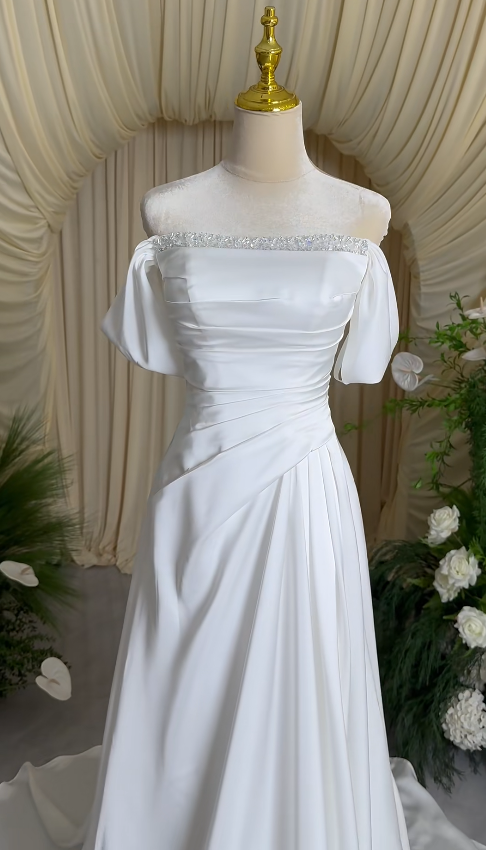 Modest White A-Line Wedding Dress Off-shoulder Bridal Gown Satin Bridal Dress ED08816