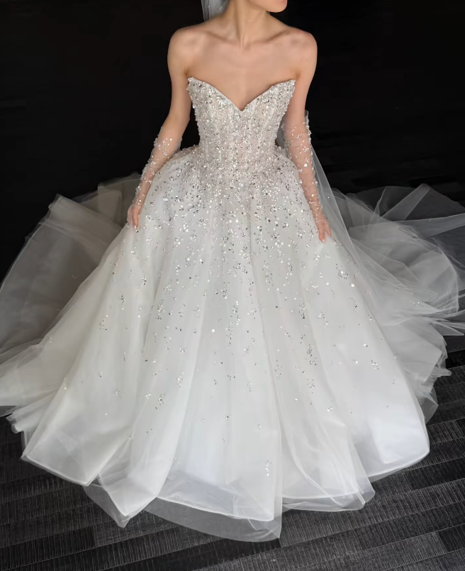 Modest White A-Line Wedding Dress Sweetheart Bridal Gown Satin Bridal Dress ED08818