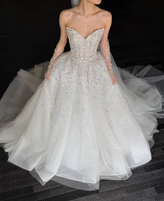Robe de mariée trapèze blanche modeste, bustier en satin, robe de mariée ED08818