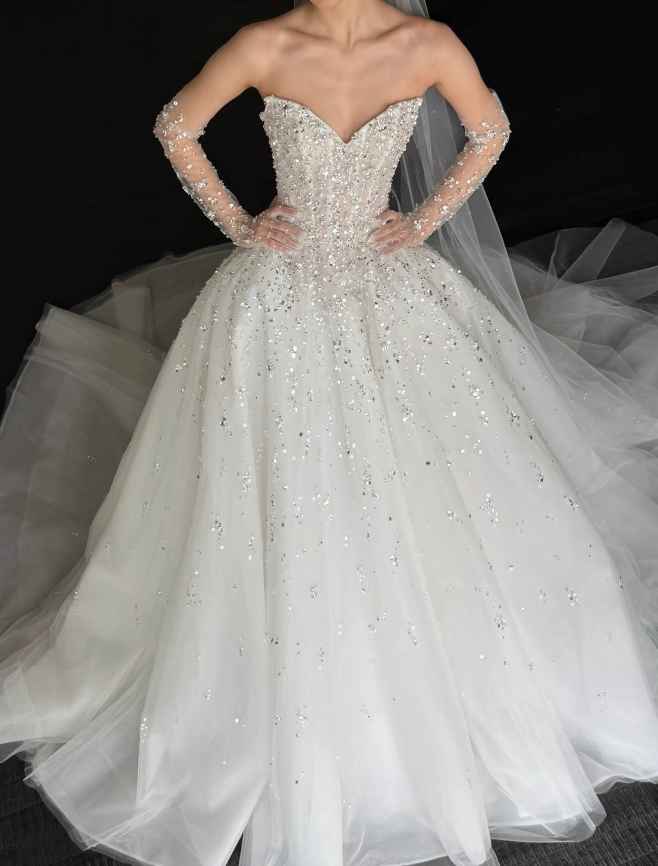Modest White A-Line Wedding Dress Sweetheart Bridal Gown Satin Bridal Dress ED08818