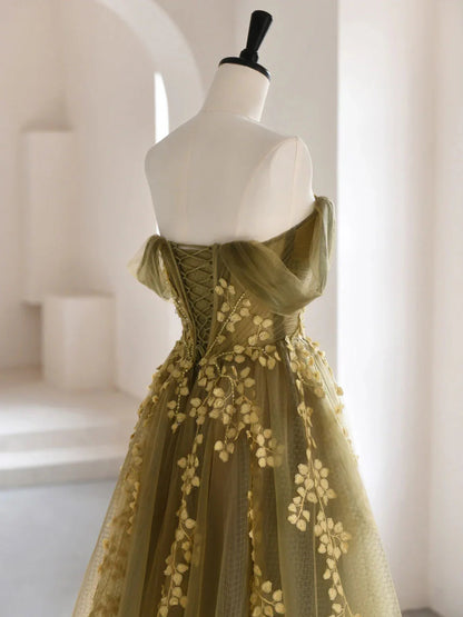 Olive Green A-Line  Off Shoulder Tulle Lace Long Prom Dress, Green Tulle Formal Dress ED0882
