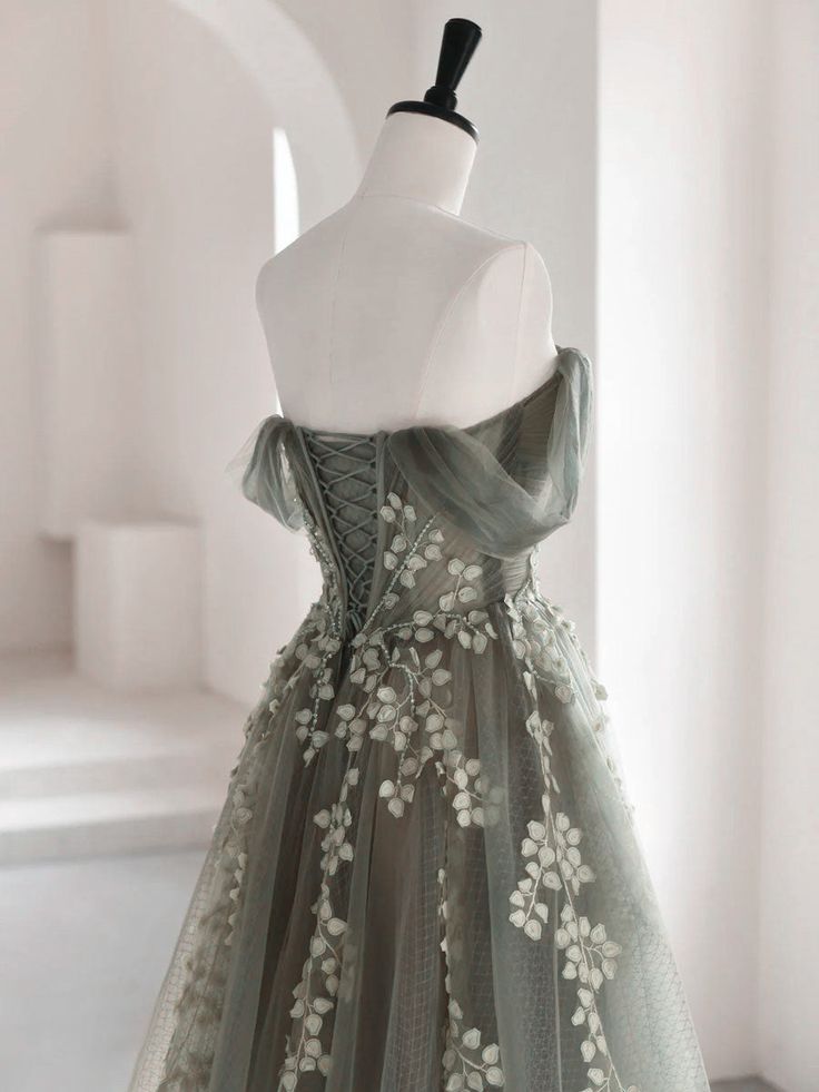 Olive Green A-Line  Off Shoulder Tulle Lace Long Prom Dress, Green Tulle Formal Dress ED0882
