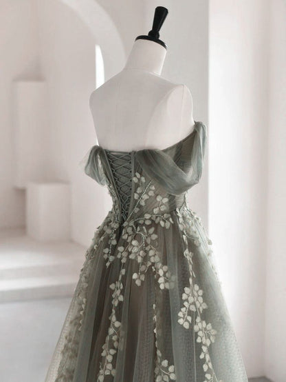 Olive Green A-Line  Off Shoulder Tulle Lace Long Prom Dress, Green Tulle Formal Dress ED0882