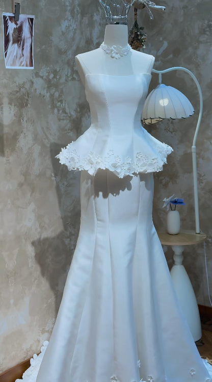 Modest White Sheath Wedding Dress Strapless Bridal Gown Satin Bridal Dress ED08820
