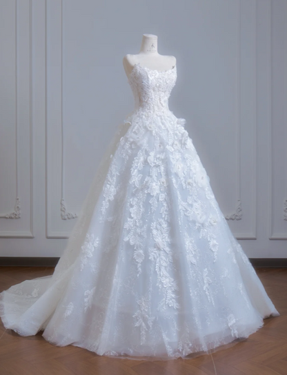 Modest White A-Line Wedding Dress Strapless Bridal Gown Tulle Applique Bridal Dress ED08821