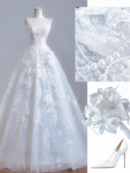 Modest White A-Line Wedding Dress Strapless Bridal Gown Tulle Applique Bridal Dress ED08821