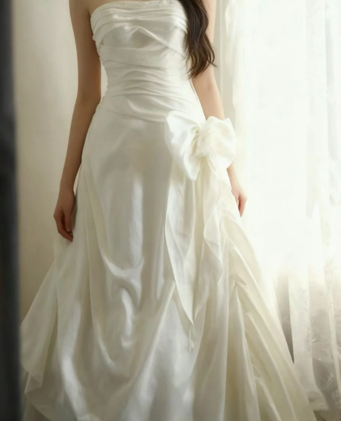 Modest White A-Line Wedding Dress Strapless Bridal Gown Satin Applique Bridal Dress ED08822