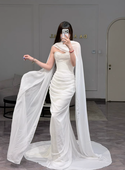 Modest White Sheath Wedding Dress Sweetheart Bridal Gown Chiffon Applique Bridal Dress ED08823