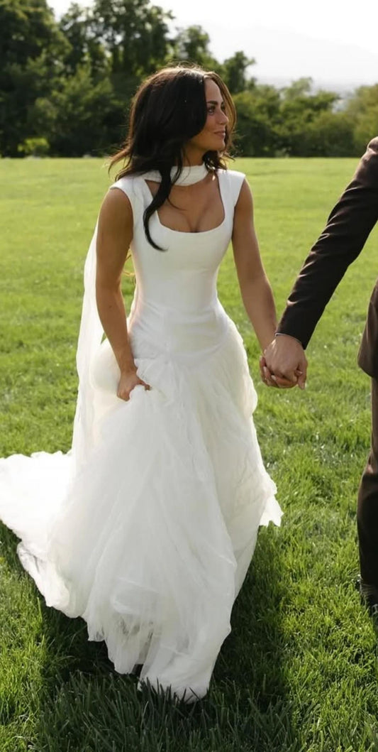 Robe de mariée modeste trapèze blanche à bretelles Robe de mariée en mousseline de soie ED08825