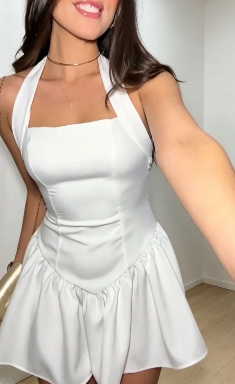 Simple White Hoco Dress Satin Sheath Birthday Dress Halter Summer Dress ED08829