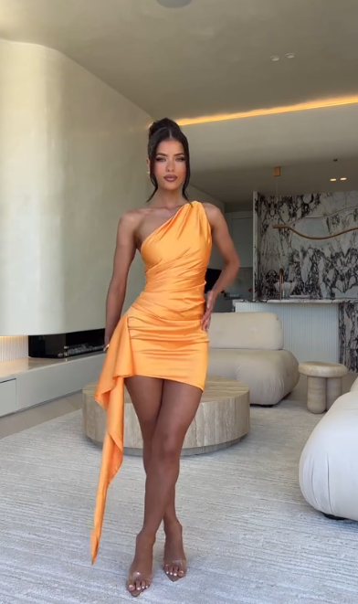 Simple Orange Hoco Dress Satin Sheath Birthday Dress One-shoulder Summer Dress ED08839