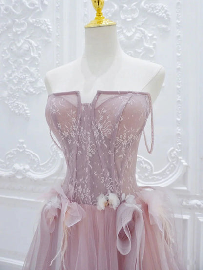 Pink A line Tulle Lace Long Prom Dress, Pink Tulle Formal Dress ED0884