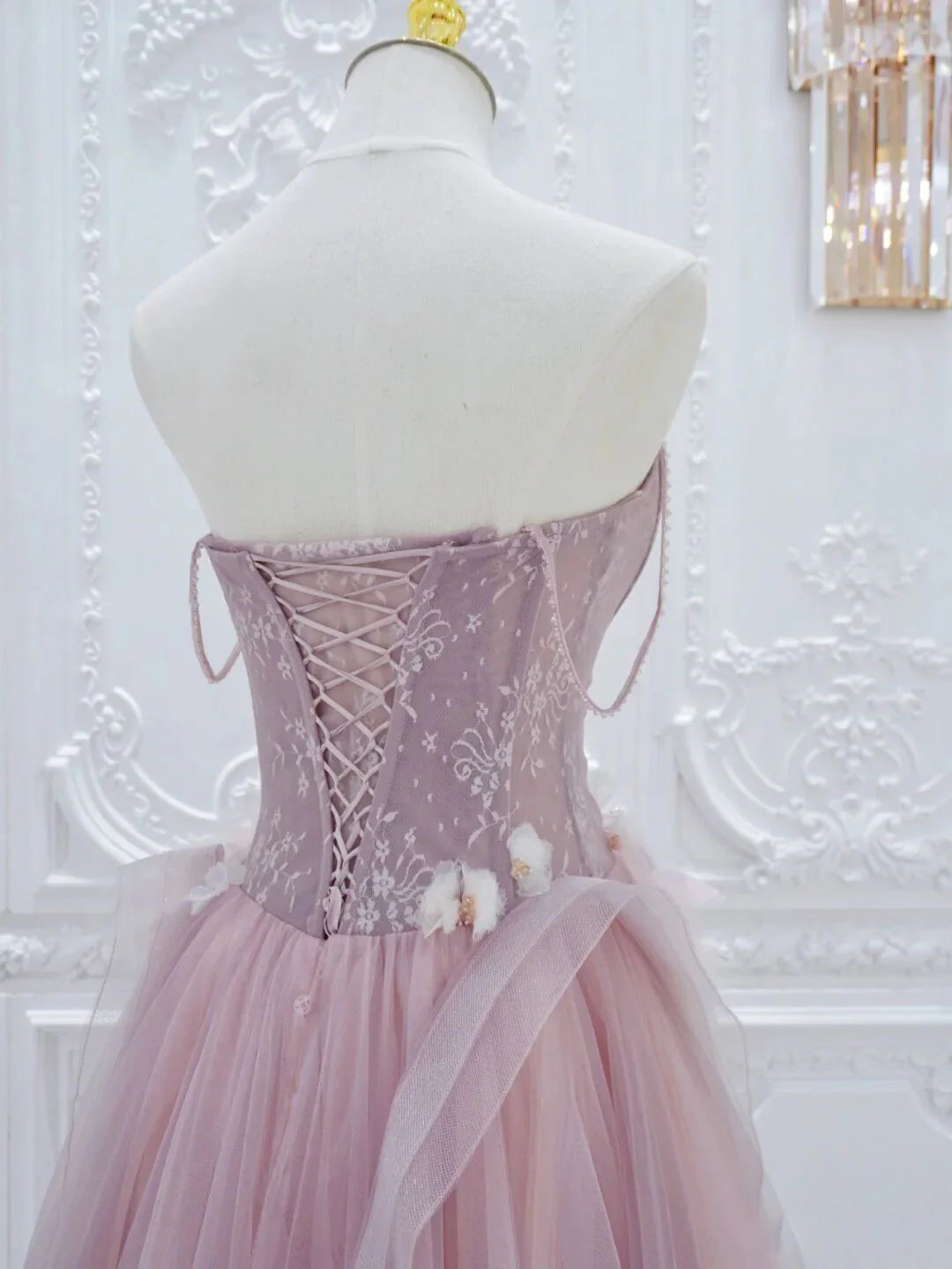 Pink A line Tulle Lace Long Prom Dress, Pink Tulle Formal Dress ED0884