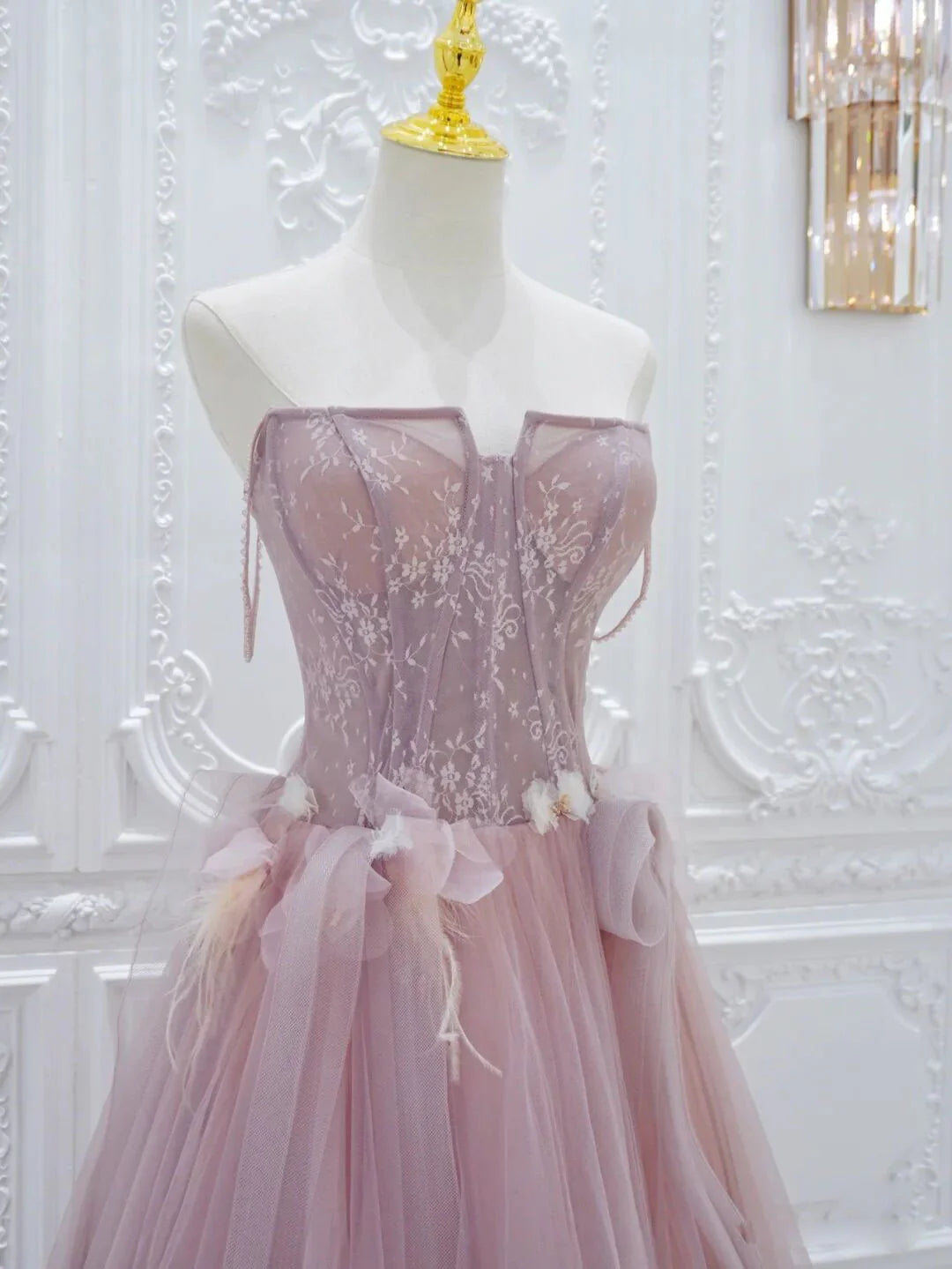 Pink A line Tulle Lace Long Prom Dress, Pink Tulle Formal Dress ED0884