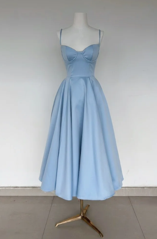 Elegant Blue Birthday Dress A-Line Party Dress Spaghetti Straps Satin Formal Dress ED08842