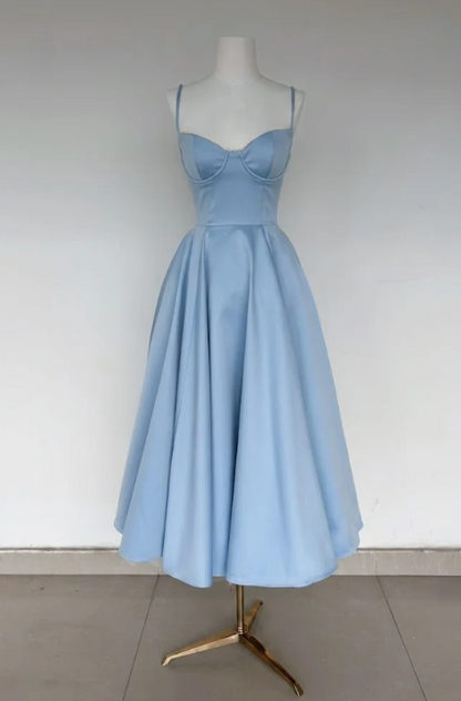 Elegant Blue Birthday Dress A-Line Party Dress Spaghetti Straps Satin Formal Dress ED08842