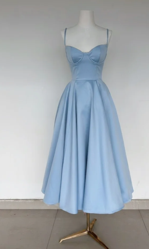 Elegant Blue Birthday Dress A-Line Party Dress Spaghetti Straps Satin Formal Dress ED08842