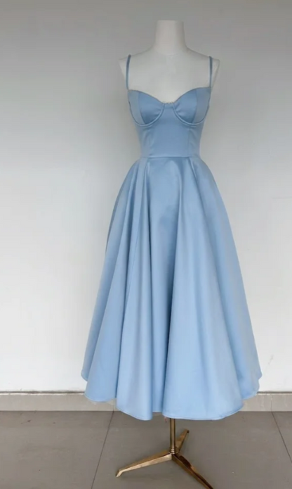 Elegant Blue Birthday Dress A-Line Party Dress Spaghetti Straps Satin Formal Dress ED08842