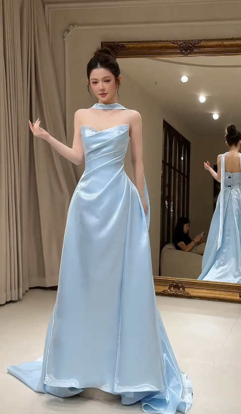 Chic Blue Evening Dress Sweetheart Sheath Satin Long Prom Dress ED08849