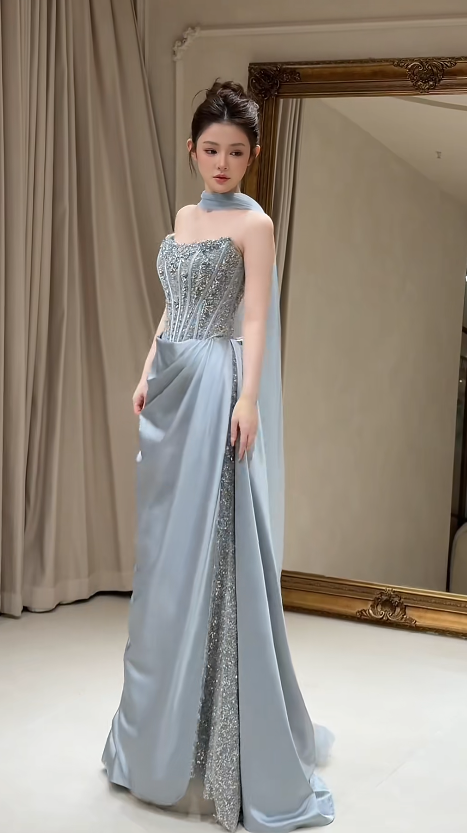 Chic Dusty Blue Evening Dress Sweetheart Sheath Satin Beaded Long Prom Dress ED08850