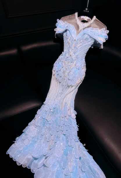 Chic Blue Evening Dress Off-shoulder Sheath Tulle Long Prom Dress ED08851