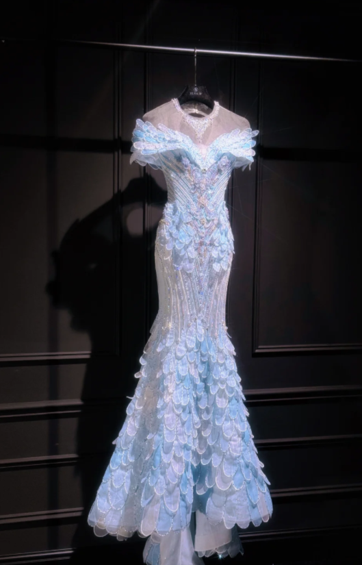 Chic Blue Evening Dress Off-shoulder Sheath Tulle Long Prom Dress ED08851