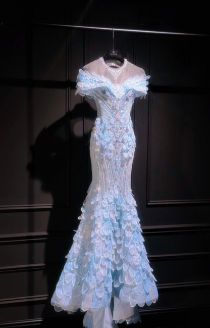 Chic Blue Evening Dress Off-shoulder Sheath Tulle Long Prom Dress ED08851