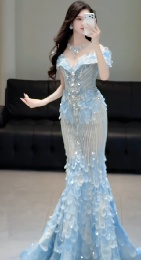 Chic Blue Evening Dress Off-shoulder Sheath Tulle Long Prom Dress ED08851