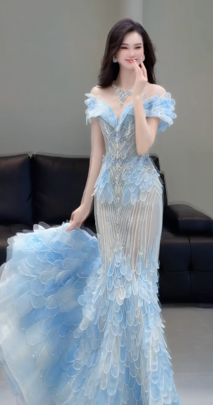 Chic Blue Evening Dress Off-shoulder Sheath Tulle Long Prom Dress ED08851