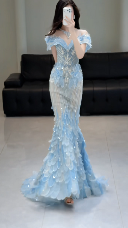 Chic Blue Evening Dress Off-shoulder Sheath Tulle Long Prom Dress ED08851