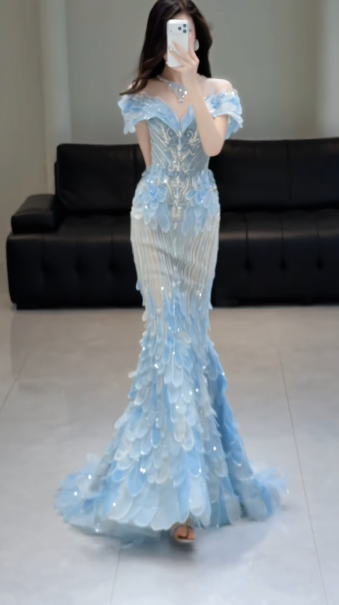 Robe de Soirée Chic Bleue Épaules Dénudées Fourreau Tulle Longue Robe de Bal ED08851