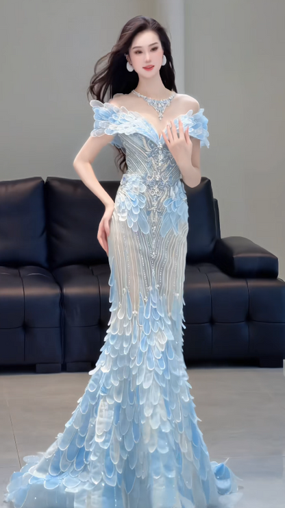 Chic Blue Evening Dress Off-shoulder Sheath Tulle Long Prom Dress ED08851