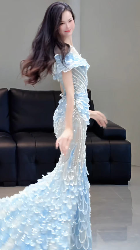 Chic Blue Evening Dress Off-shoulder Sheath Tulle Long Prom Dress ED08851