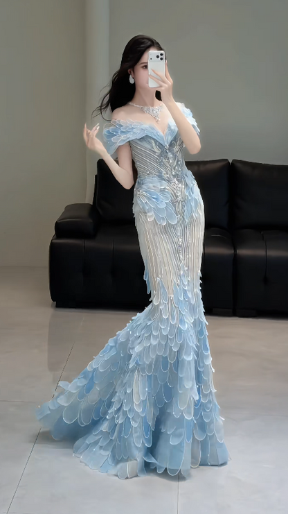 Chic Blue Evening Dress Off-shoulder Sheath Tulle Long Prom Dress ED08851