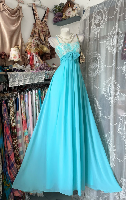 Chic Blue Evening Dress Straps Sheath Chiffon Long Prom Dress ED08852