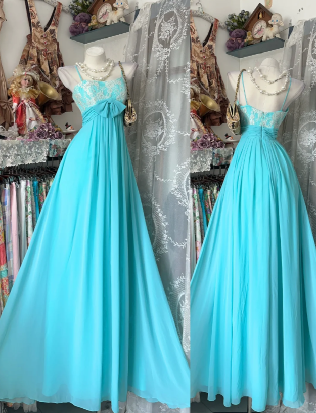 Chic Blue Evening Dress Straps Sheath Chiffon Long Prom Dress ED08852