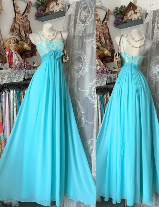 Robe de soirée chic bleue bretelles fourreau mousseline longue ED08852