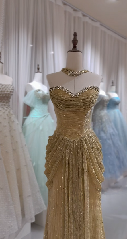 Chic Gold Evening Dress Sweetheart Sheath Tulle Long Prom Dress ED08853