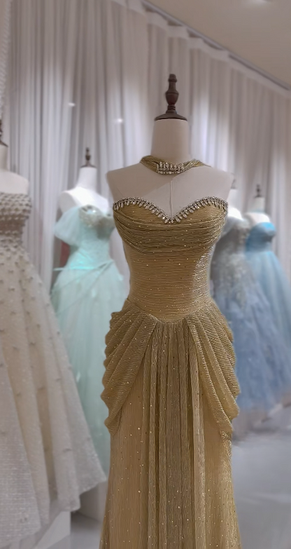 Chic Gold Evening Dress Sweetheart Sheath Tulle Long Prom Dress ED08853