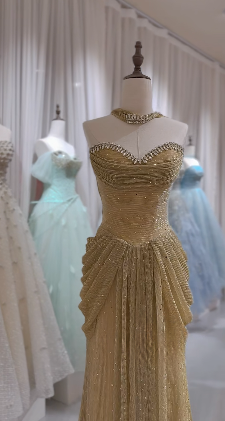Chic Gold Evening Dress Sweetheart Sheath Tulle Long Prom Dress ED08853