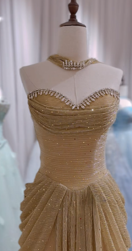 Élégante Robe de Soirée Dorée Fourreau bustier en Tulle Longue Robe de Bal ED08853