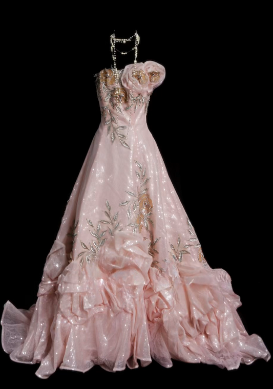 Robe de soirée chic rose bustier trapèze à sequins longue pour bal de promo ED08854