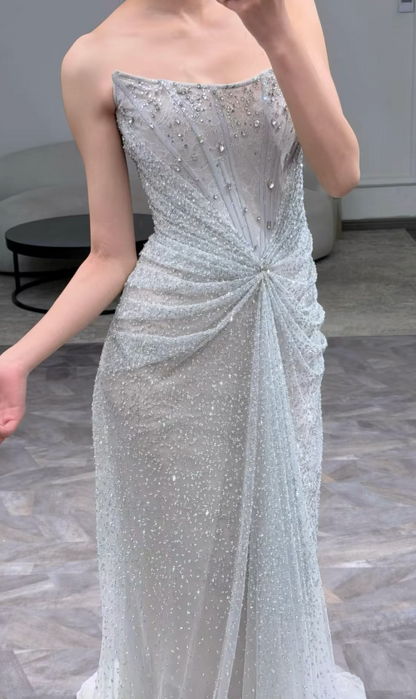 Glam Light Green Evening Dress Strapless Sheath Tulle Long Prom Dress ED08858
